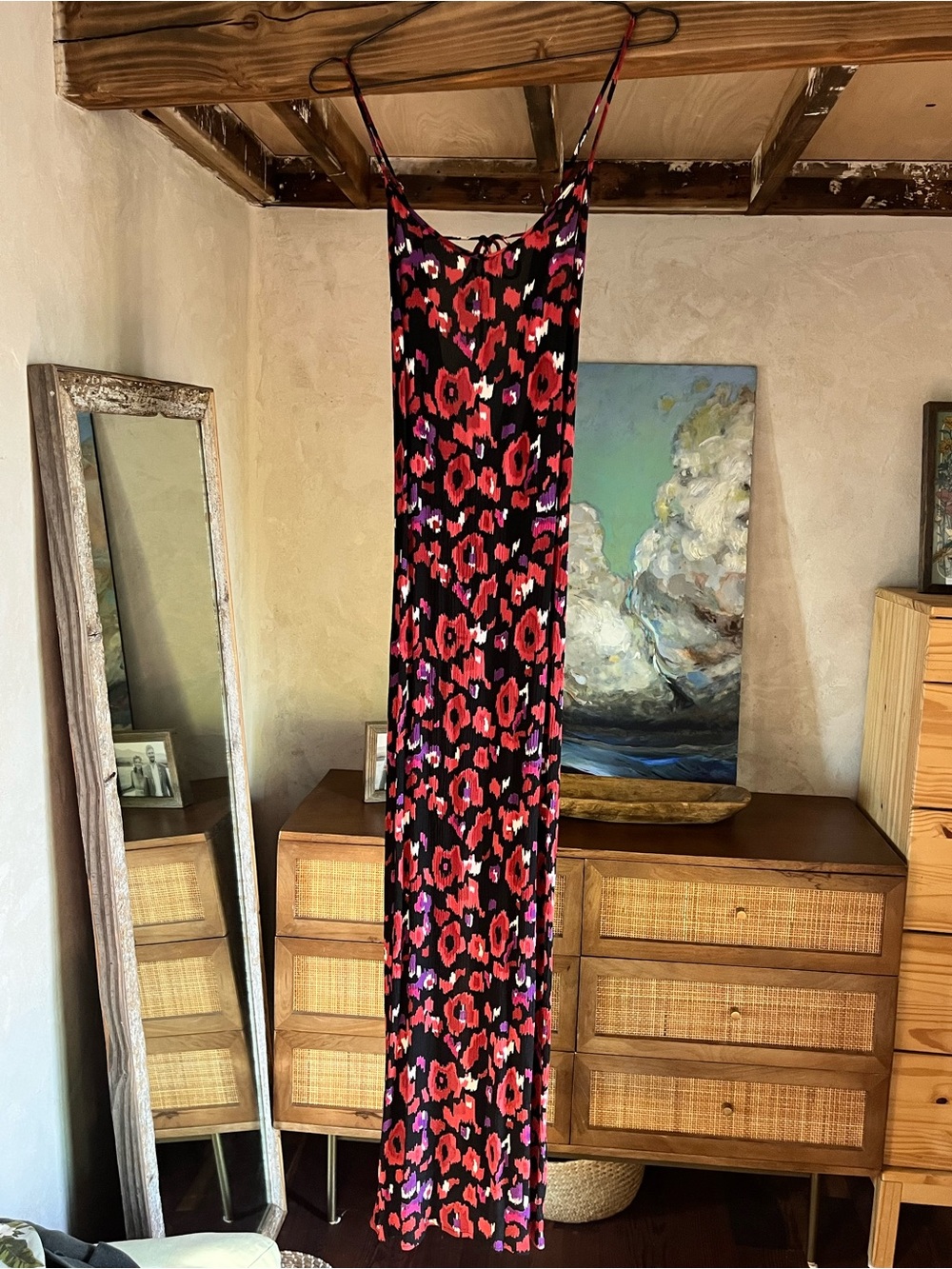 Flynn Skye Red Pink & Black Floral Maxi Slip Dress w/ Open Low Back made in USA
